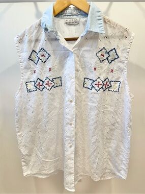 VINTAGE ALLYSON WHITMORE Eyelet Sleeveless Collared Patchwork Button-Down Shirt